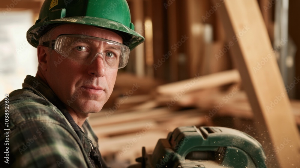 Poster a close-up of a construction worker in a green hard hat and work gloves, using a laser level and loo