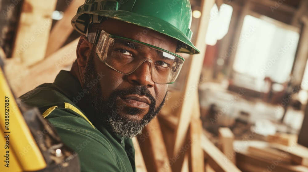Poster A close-up of a construction worker in a green hard hat and work gloves, using a laser level and looking at the camera, with a backdrop of construction framework and tools
