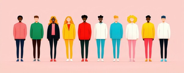 Diverse individuals standing in unity, promoting fairness and tolerance, flat design illustration