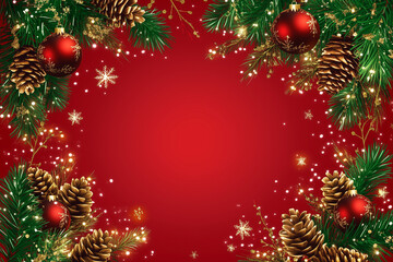 
Christmas background with red ornaments, pine branches, pine cones, and golden sparkles forming a festive frame on a red surface, with copy space in the center