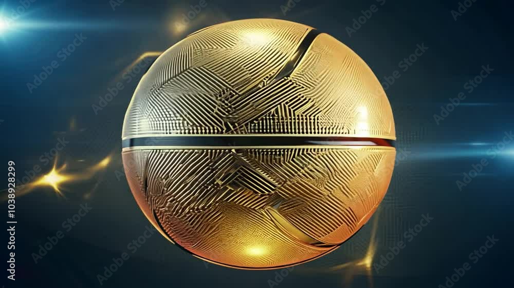 Poster a golden sphere with a circuit board pattern and a dark blue background with light beams emanating f