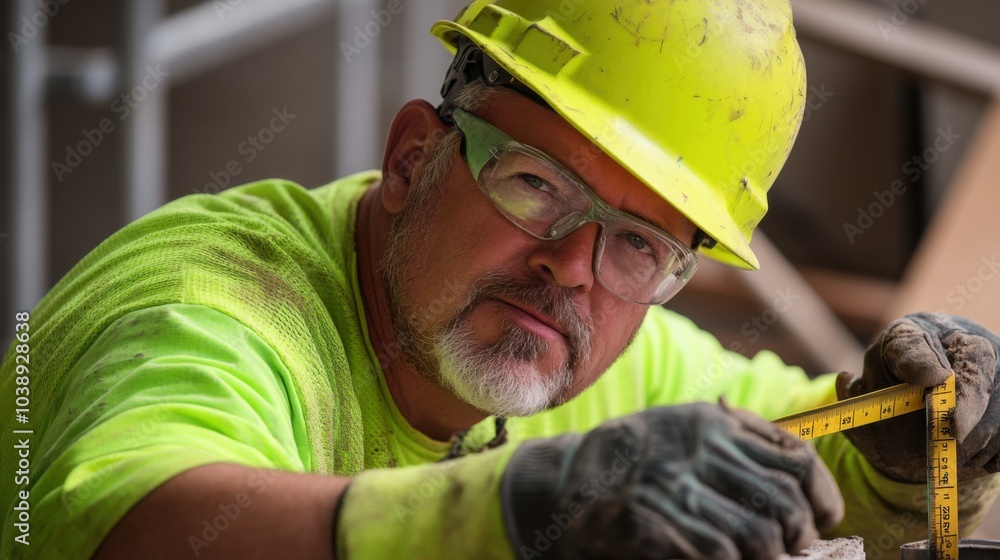 Poster a close-up of a construction worker in a neon green hard hat and work gloves, measuring materials wi