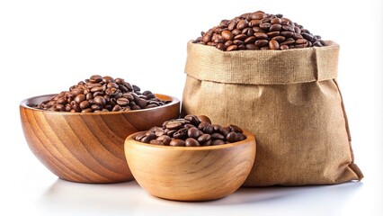 Obraz premium Simple yet striking. Brown paper bags and a wooden bowl display coffee beans beautifully, isolated on a white background.