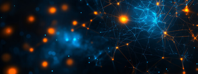 Abstract digital background with orange and blue glowing connections geometric patterns on a dark blue background. AI generation