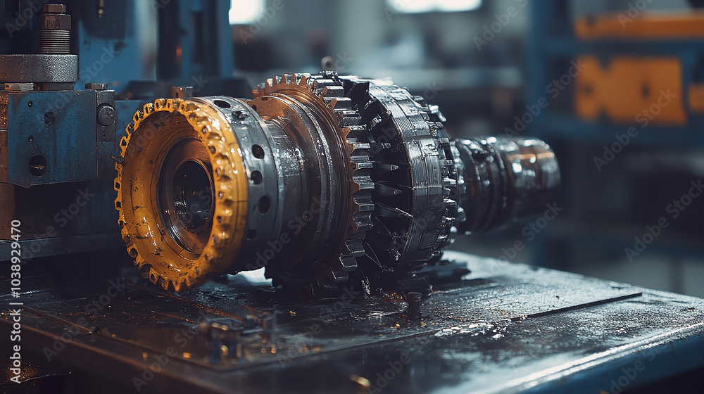 Poster a close-up view of a large, opened gearbox resting on a workbench, emphasizing mechanical engineerin