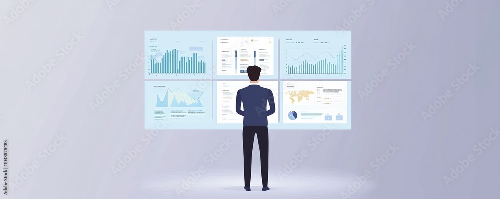 Poster a businessman analyzes data on digital screens, showcasing graphs and statistics for informed decisi