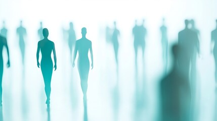 A blurred silhouette of figures walking in a serene environment, symbolizing movement, unity, and a sense of mystery.