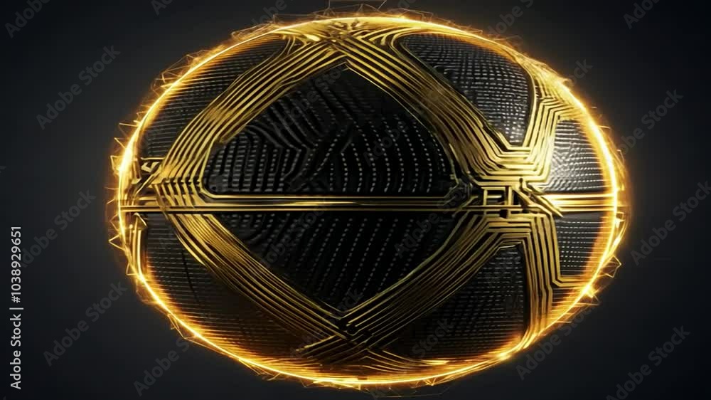 Poster black sphere with glowing golden lines and a grid pattern.