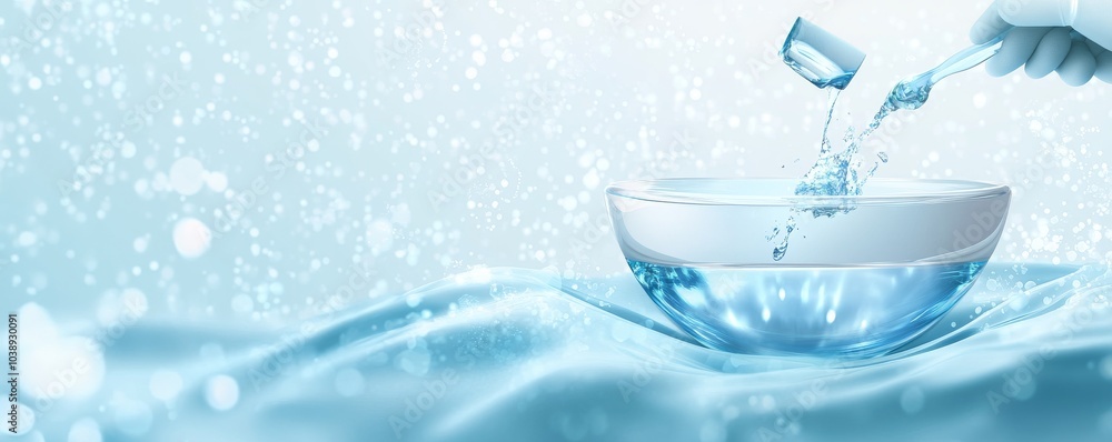 Poster a close-up of a person pouring water into a bowl, creating dynamic splashes and a refreshing ambianc