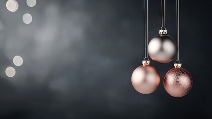   Three glistening Christmas ornaments dangle on a string against a dark backdrop, with bouquet lights illuminating the foreground