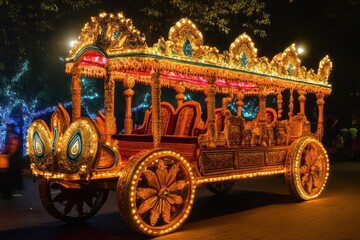 A Diwali procession featuring a beautifully decorated chariot. 