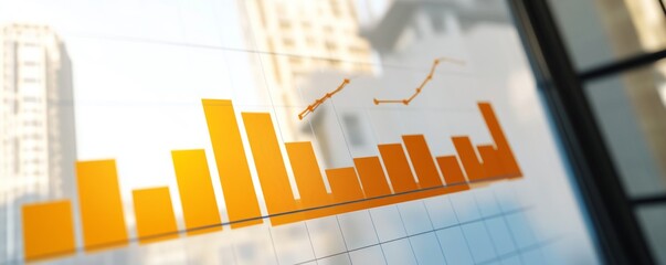 A close-up view of a vibrant orange bar graph illustrating growth and data analysis in a modern office environment.