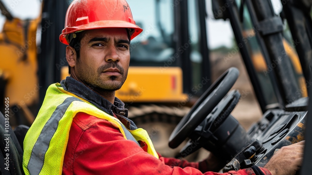 Poster a close-up of a construction worker in a red hard hat and protective gear, operating a crane control