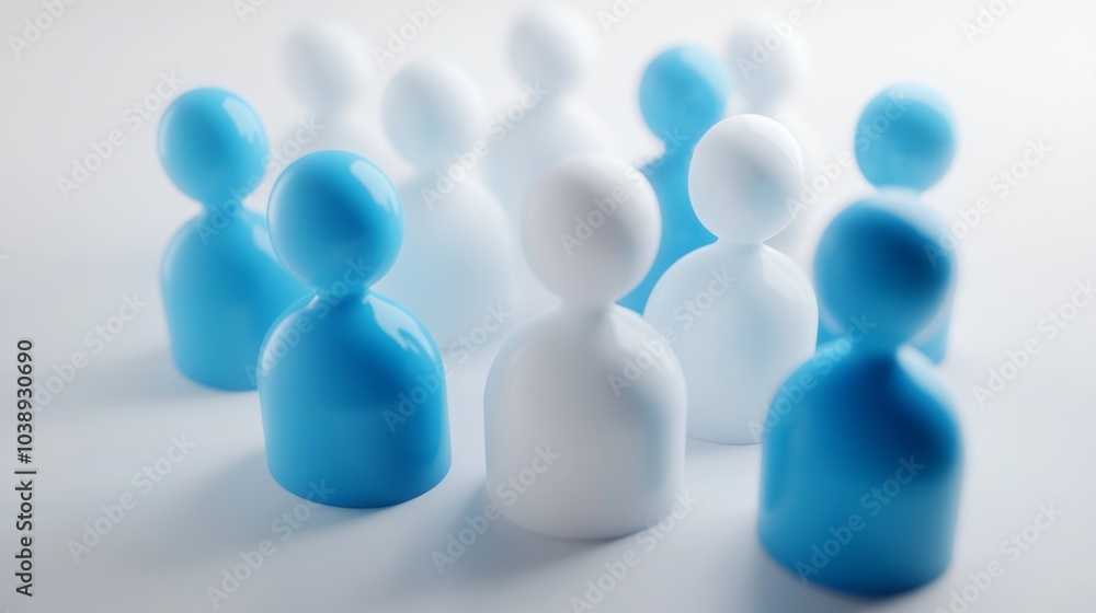 Poster a collection of abstract figurines in blue and white, symbolizing diversity and community. ideal for