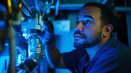 Fototapeta premium A dedicated technician working on a complex HVAC system, focused on repairs and maintenance in a professional industrial environment. The scene emphasizes technical expertise and precision