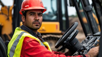 A close-up of a construction worker in a red hard hat and protective gear, operating a crane control panel and looking at the camera, with a backdrop of heavy machinery and building materials