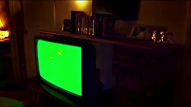 tv with a green screen on the screen, dimli lit room