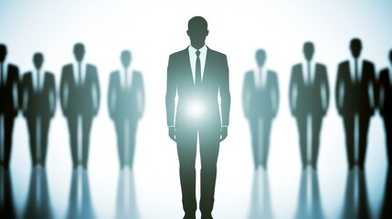 A confident business leader stands out among a group of blurred figures, symbolizing leadership and vision in a corporate environment.
