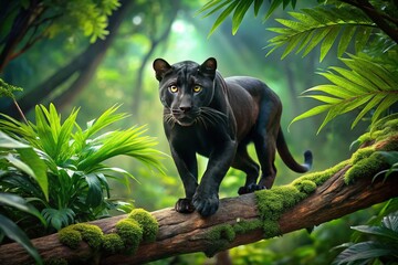 Obraz premium The shadowy form of a black panther, a predator hidden in the jungle.
