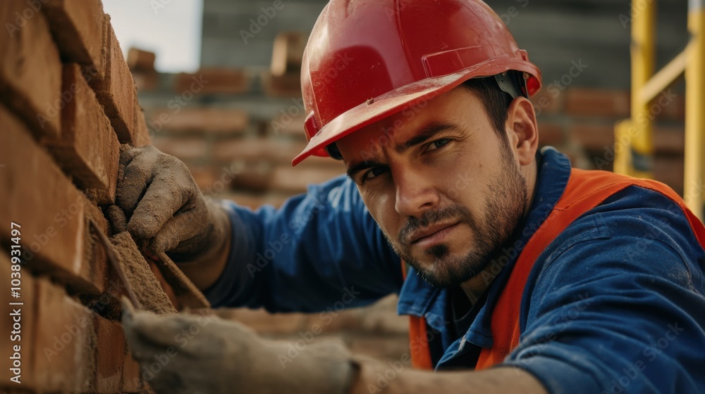Poster a close-up of a construction worker in a red hard hat and reflective vest, handling a pneumatic hamm