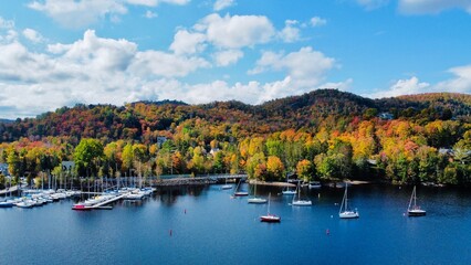 Bird eye view of autumn landscape with lake