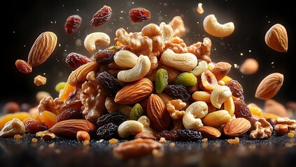 Fototapeta premium Dry fruits and mixed nuts levitating in mid-air healthy snack, almonds, pistachios, raisins, cashews, walnuts.