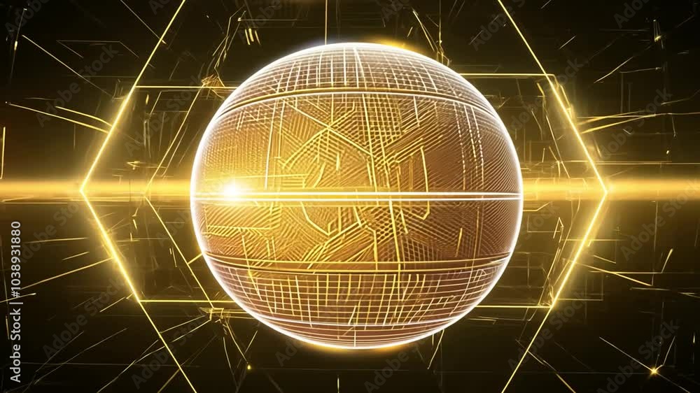 Poster golden sphere with a glowing light surrounded by a grid of golden lines on a black background.