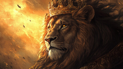A majestic lion wears a detailed golden crown, illuminated by sunlight. The lion's intense gaze exudes power and authority, creating a royal and regal atmosphere