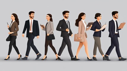 Obraz premium A diverse group of professionals walking confidently in business attire, symbolizing teamwork and corporate success.