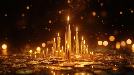 Golden rocket, composed of digital candles and cryptocurrency coins 