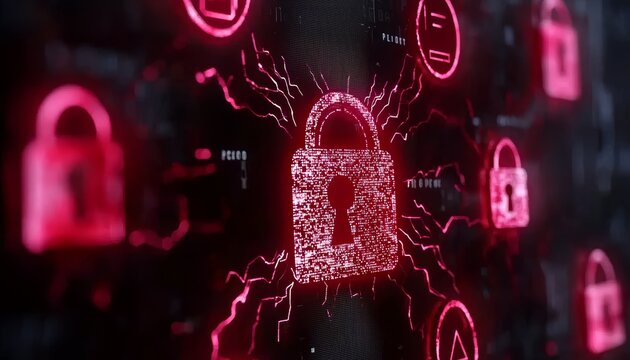 A dark digital interface with a bright red 'Firewall Breached' error message and corrupted lines of code flickering in the background.