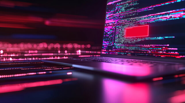 A dark digital interface with a bright red 'Firewall Breached' error message and corrupted lines of code flickering in the background.