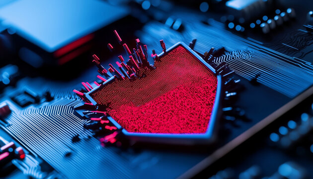 A digital security shield breaking apart with a red 'Breach Detected' error message, accompanied by glitchy code and static noise.