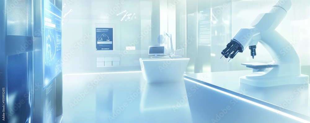 Poster a futuristic laboratory showcasing advanced technology, featuring a robotic arm and a microscope in 