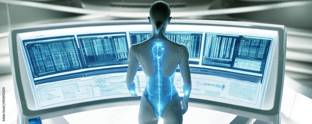 Aufkleber a futuristic humanoid robot views data on advanced screens, symbolizing technology, innovation, and 