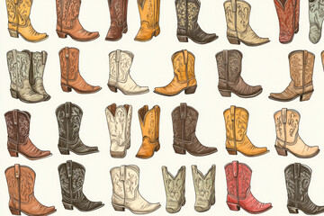 Pattern of cowboy boots arranged neatly on a wooden floor, showcasing a variety of vibrant colors and intricate designs.