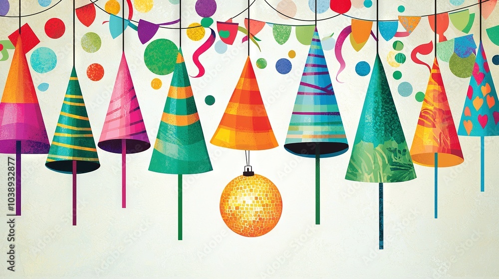 Poster a collection of vibrant party hats dangling from a string of festive streamers, with a glittering di