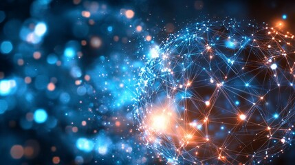 Abstract Network Sphere with Blue and Orange Glowing Lights