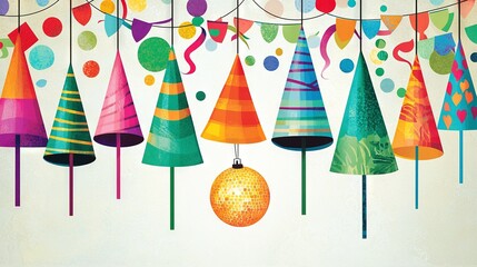 Obraz premium A collection of vibrant party hats dangling from a string of festive streamers, with a glittering disco ball suspended from one of them