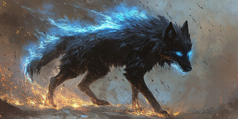 A black wolf with a glowing blue mane, set in a fiery environment, exudes power, mystique, and a blend of natural and supernatural elements.