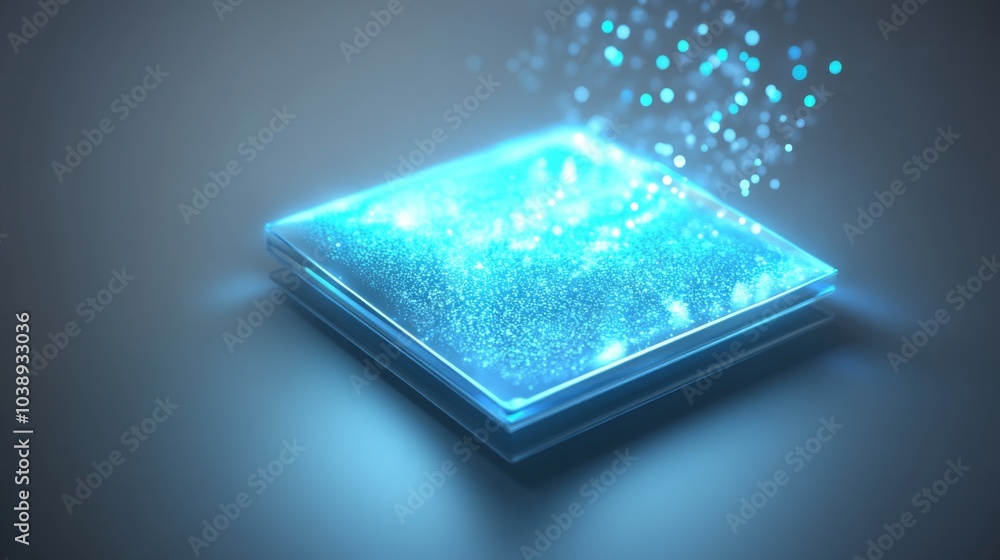 Poster a glowing blue square emits sparkling particles, creating a futuristic and enchanting atmosphere, pe