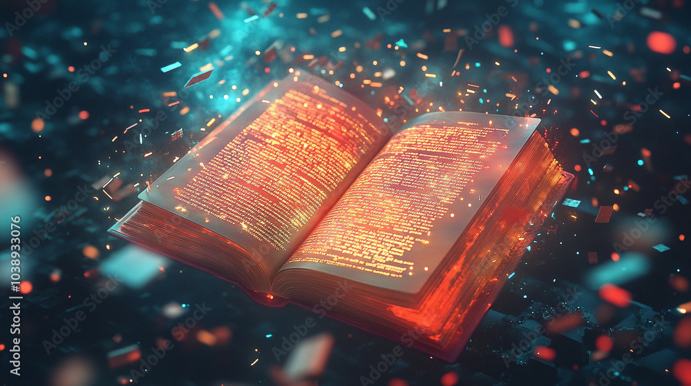Poster a futuristic 3d rendering of a digital book with glowing pages, symbolizing information, knowledge, 