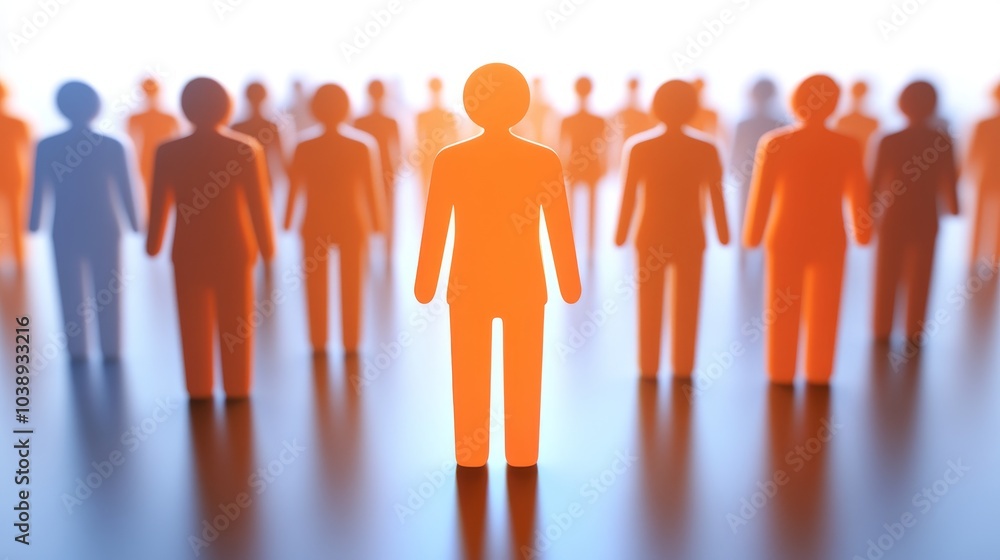 Poster a group of abstract figures with a central figure highlighted, symbolizing individuality and communi