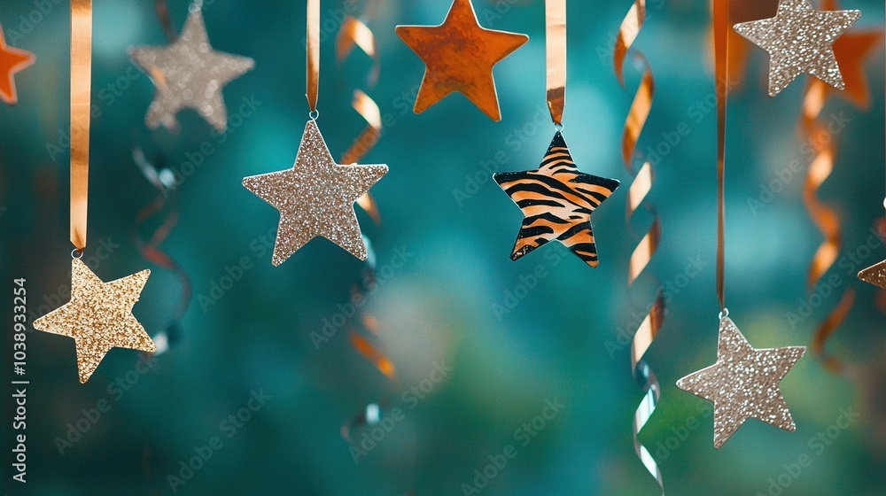 Poster a mobile with stars hanging from its sides, featuring a zebra print design on one side