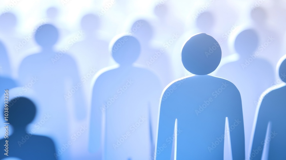 Poster a group of abstract figures representing community, unity, and connection in a blurred, ethereal set