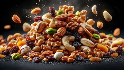 Dry fruits and mixed nuts levitating in mid-air healthy snack, almonds, pistachios, raisins, cashews, walnuts.
