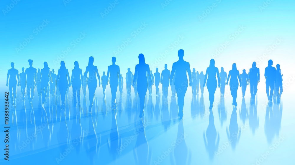 Poster a group of silhouettes stands against a soft blue background, creating a serene and abstract represe
