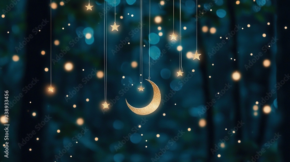Poster a moonlit sky filled with stars and a luminous crescent dangling from strings
