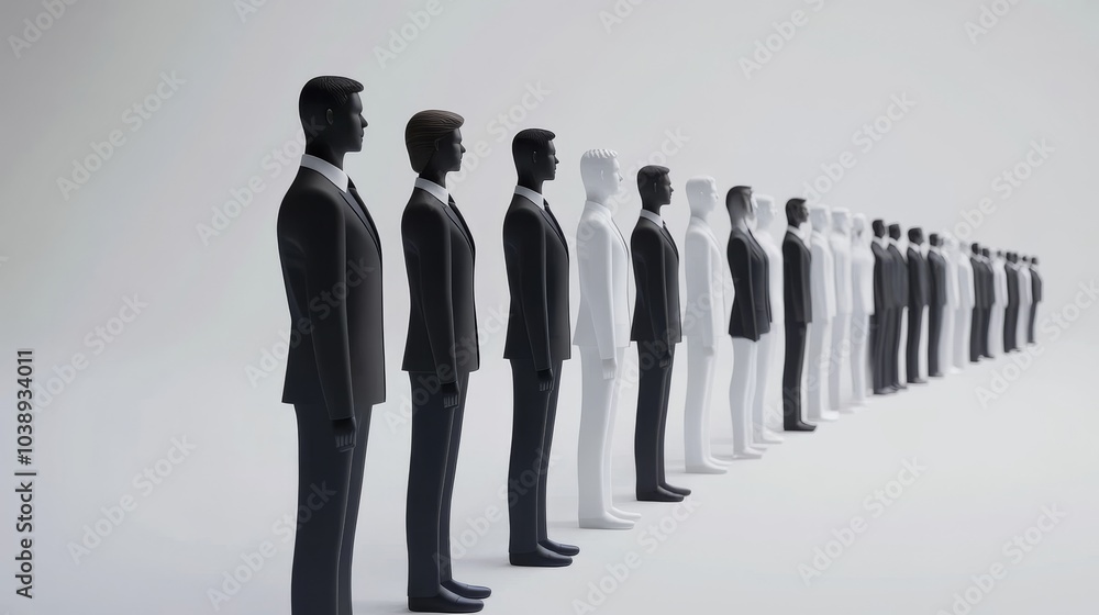 Poster a line of stylized figures in black and white, representing diversity and unity in a minimalist sett