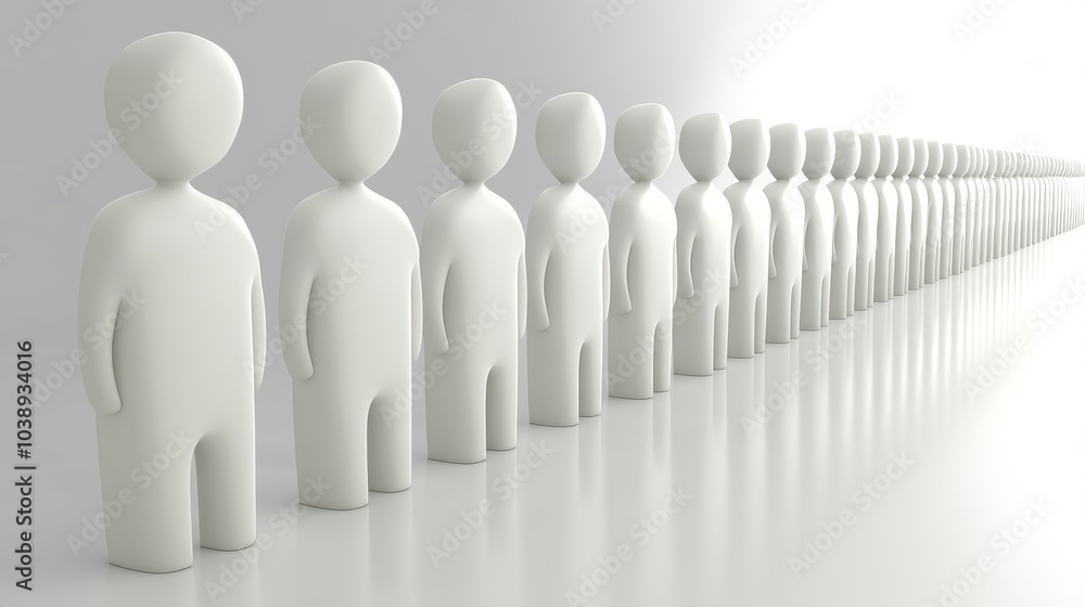 Poster a line of minimalist white figures symbolizing unity, teamwork, and collaboration in a modern design